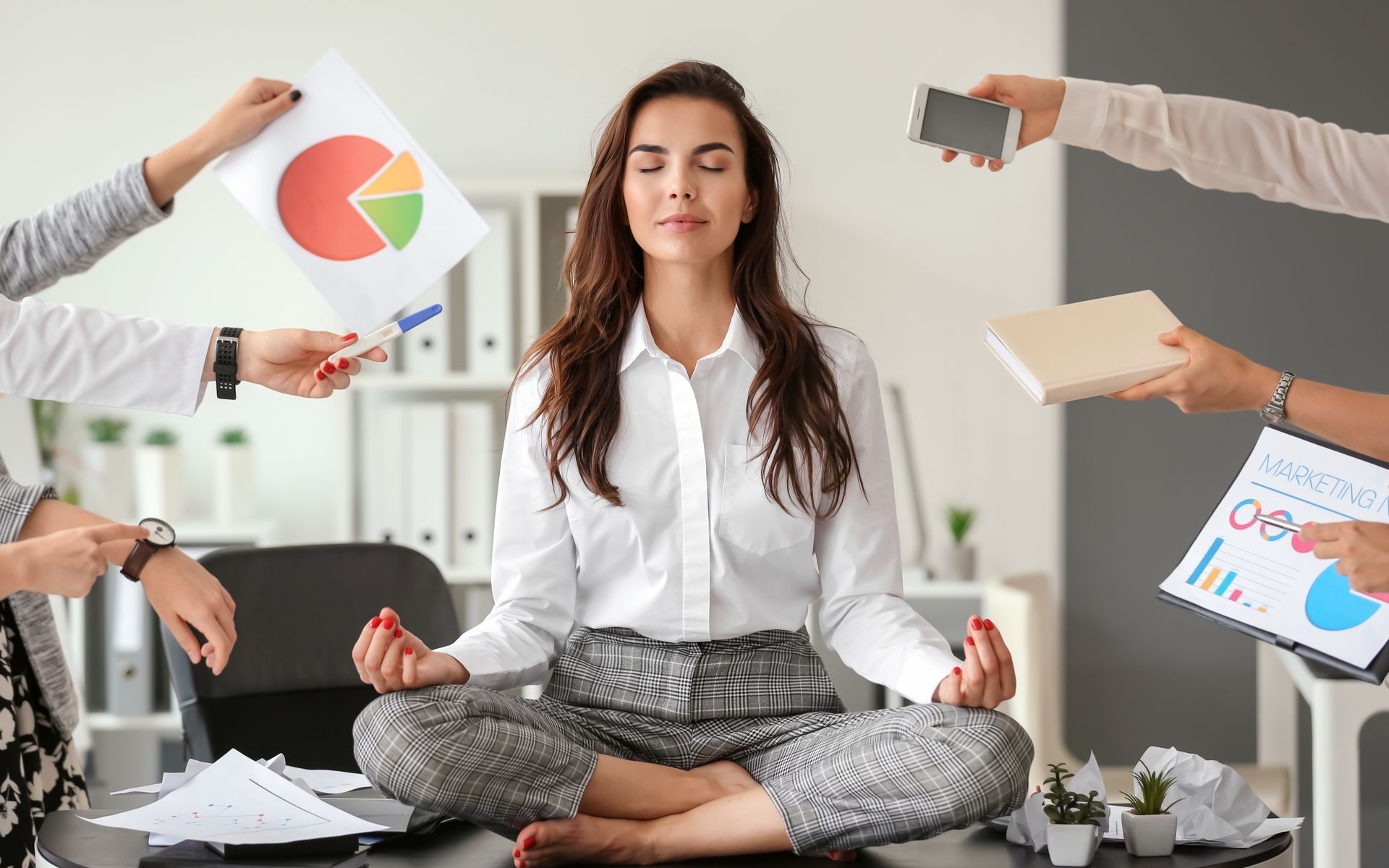 Businesswoman,With,A,Lot,Of,Work,To,Do,Meditating,In